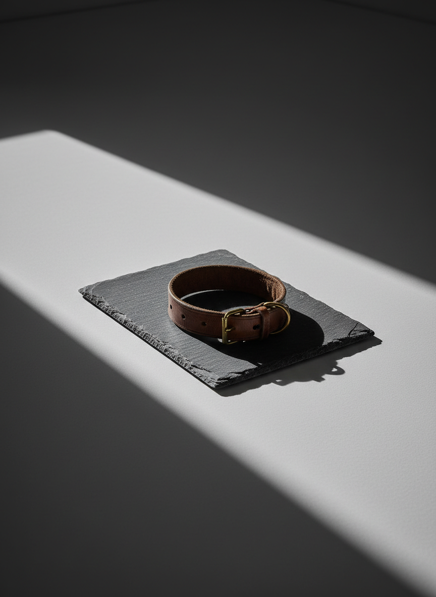 A minimalist performance artwork scene: a reclaimed wooden dog collar placed atop a flat, rectangular slab of raw slate. The collar's worn leather is rich brown with visible creases and a dull brass buckle. The slab rests directly on a flawless, matte-finish light grey plane, unencumbered by any objects or embellishment. A single strip of intense, side-angled white light flows across the setup, creating razor-sharp shadow lines that slice through negative space, while the rest falls into gentle darkness. The composition uses a close-up, cropped perspective for a sense of intimacy and absence. The mood is poignant and meditative, with a stark minimalist photographic style evoking themes of mourning and remembrance, suitable for the artist’s bold, contemplative portfolio.
